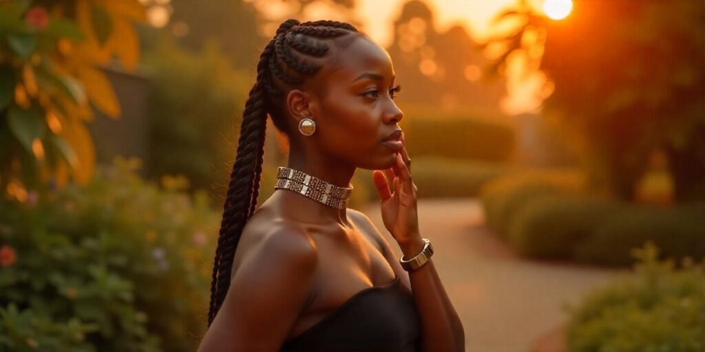 Side-part jumbo box braids with metallic cuffs, sleek design, and elegant style for any special event.