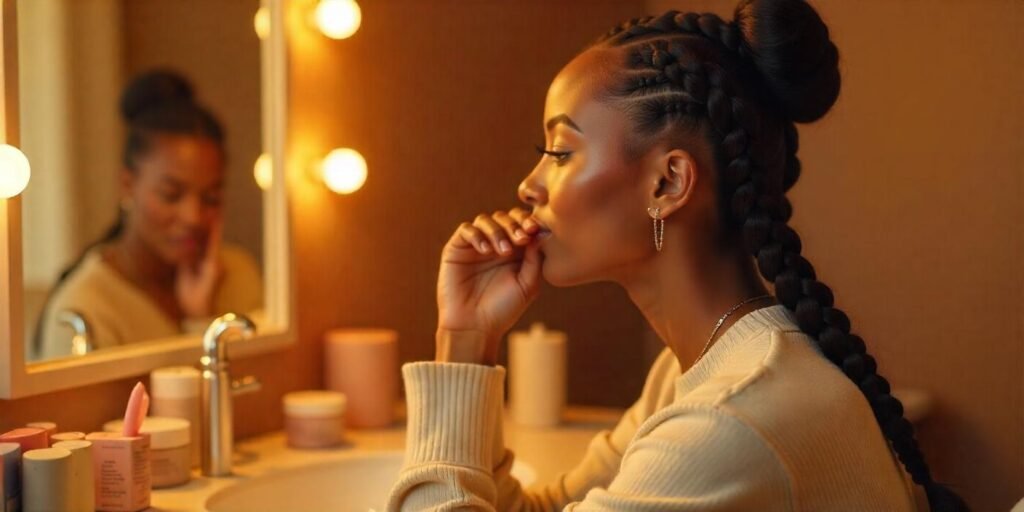 Large triangle knotless braids styled for comfort and security, with a smooth and polished finish.