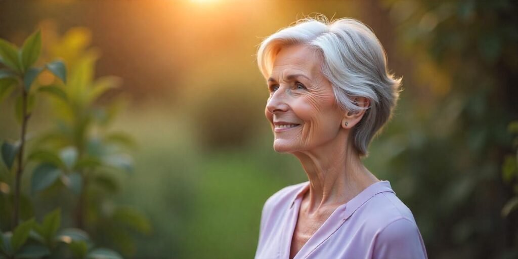 Chin-length wedge haircut for women over 60, enhancing features and adding height. Soft pastel blouse and romantic garden background, creating an elegant and youthful look for older women.