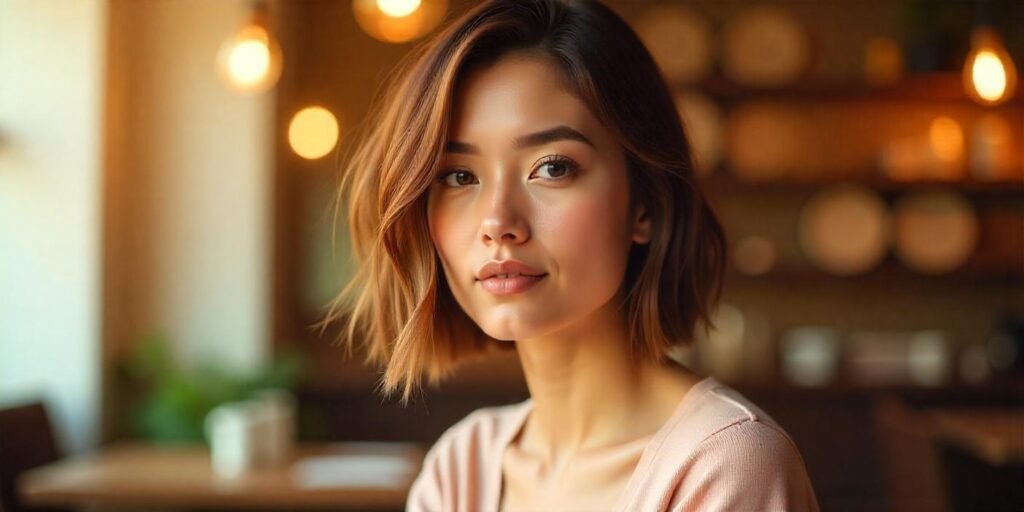 Woman with an angled bob haircut, fine hair, textured, modern look in a romantic setting.

