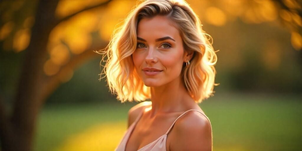 gled bob with loose curls and blonde balayage, styled in a romantic setting.