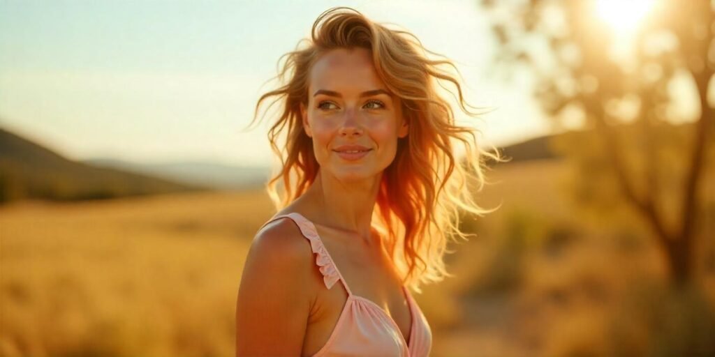 Realistic image of a woman with soft, textured hair in a natural feathered style, wearing a pastel dress in a romantic outdoor setting