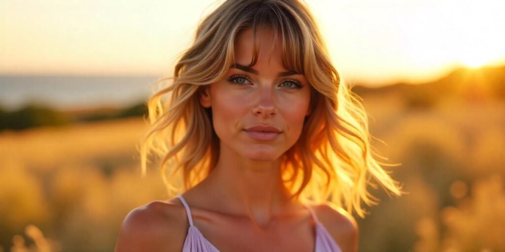 Textured feather cut with curtain bangs, balayage highlights, and romantic vibe in a soft pastel dress.