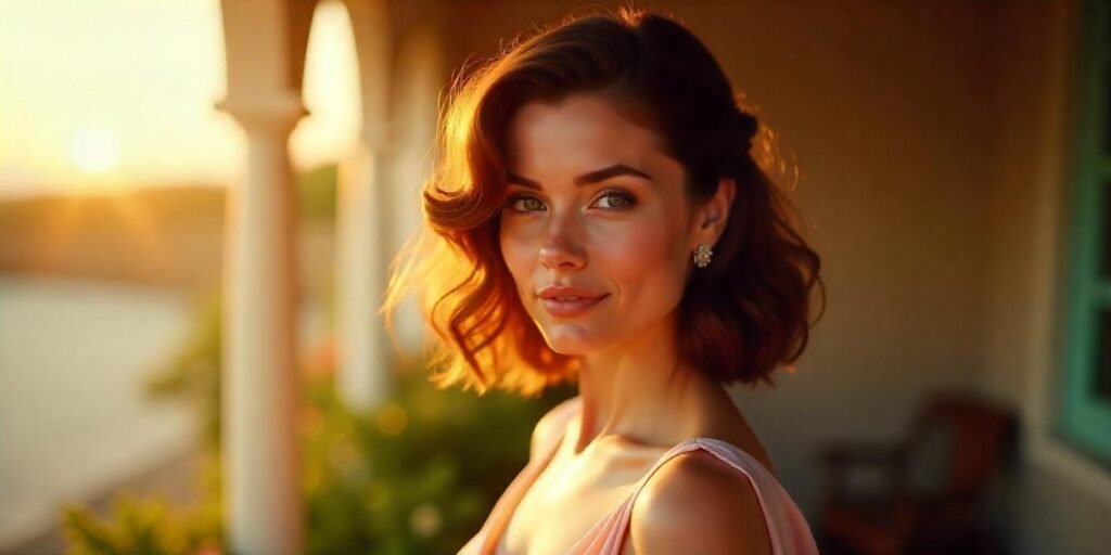 Realistic image of a woman with shoulder-length brunette or blonde Retro Feather Flip hairstyle in a romantic setting.