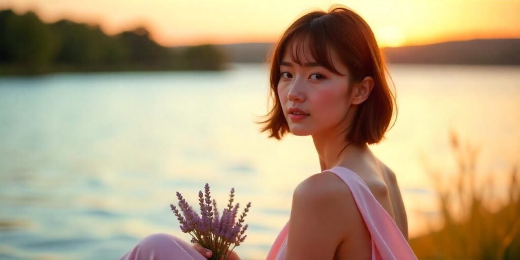 A woman with a chin-length bob featuring horizontal edges, wearing a pastel pink dress by a lake at sunset.