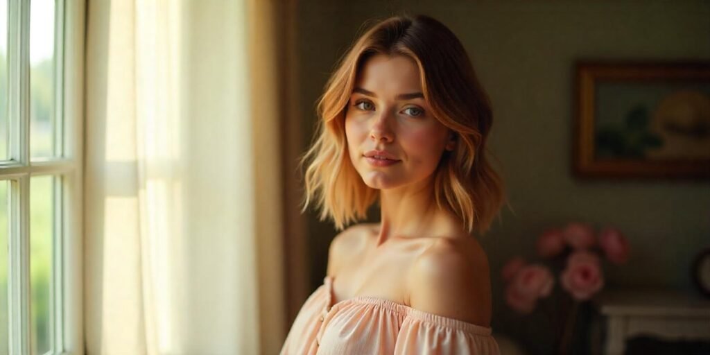Medium layered cut with blunt edges showing soft texture and a romantic backdrop.