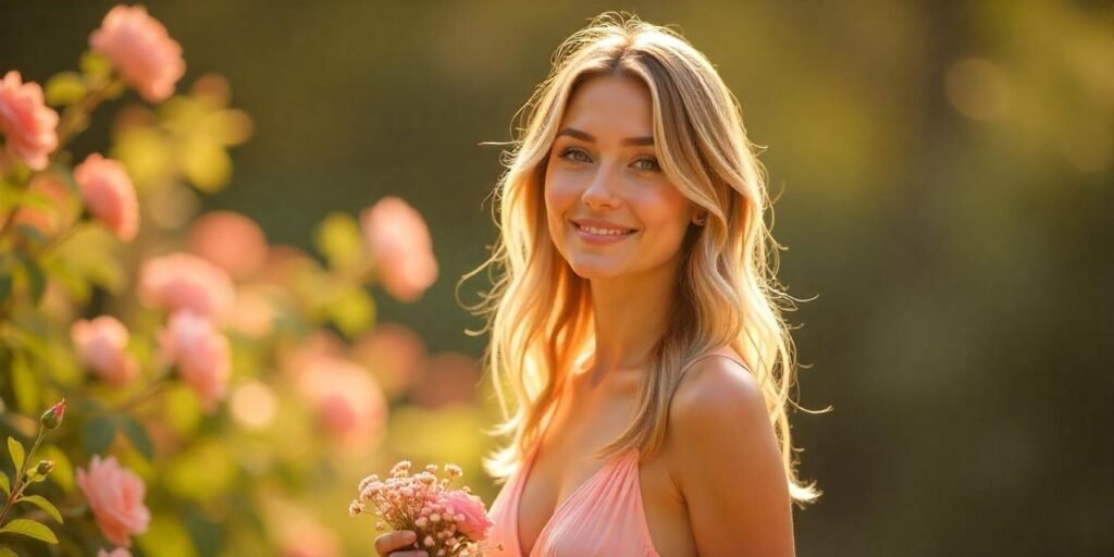 A woman with long, choppy layers and light balayage stands in a garden wearing a pastel sundress.