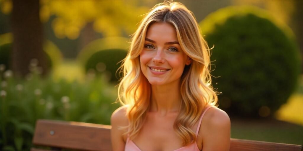 A young woman with caramel blonde balayage on mid-length hair in a pastel pink dress, sitting on a garden bench.