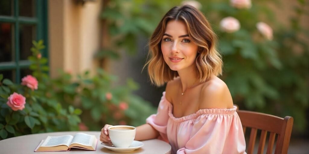 Woman with a long wavy bob haircut featuring shaggy waves and light brown balayage, in a romantic garden setting.