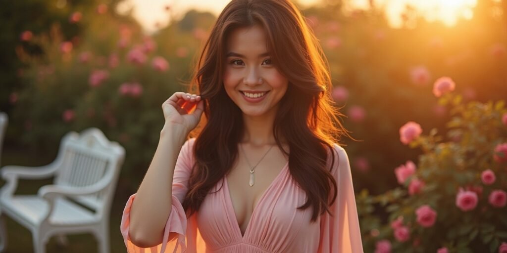 Woman with thick brunette layered V-cut hair in a romantic garden setting wearing a pale pink dress