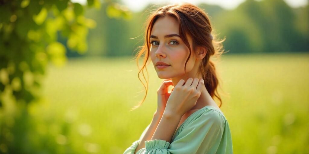 Cottagecore hairstyle with soft brown, auburn hair, and sun-kissed highlights in a peaceful outdoor setting.