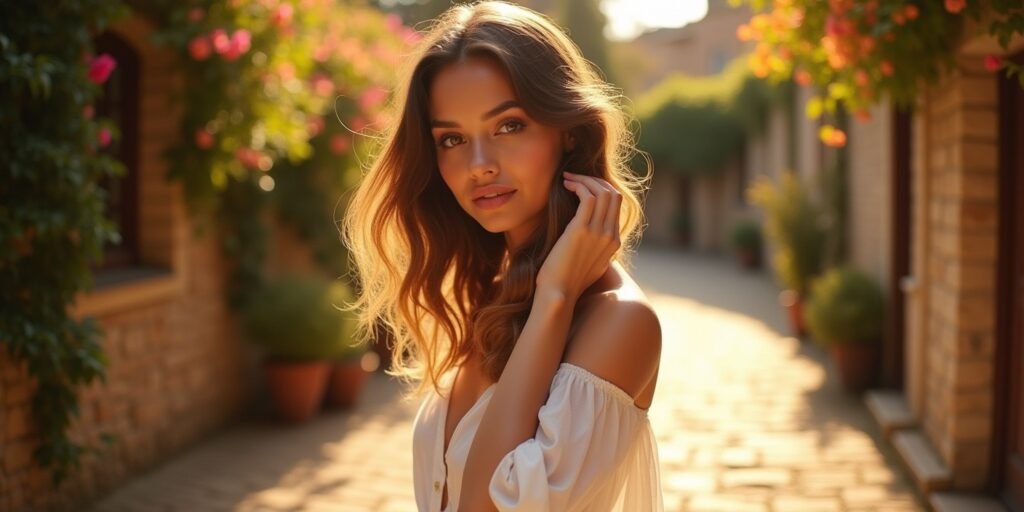 Woman with chocolate balayage hair, tousled layers, wearing white dress, romantic garden background.