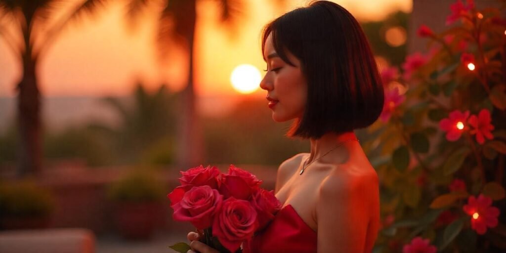 A woman with a sleek, jet-black silk press bob wearing a red satin dress, standing on a terrace holding roses at sunset.