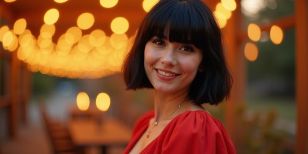 A confident woman wearing a red dress, styled with jet-black blunt bangs in a romantic outdoor setting.