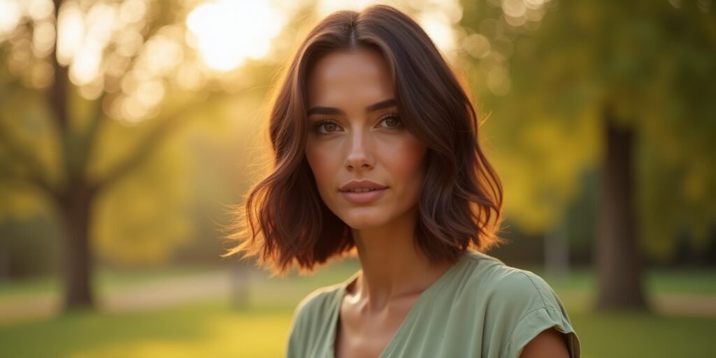 Woman with a layered bob hairstyle, wearing a light green dress, gazing serenely in a romantic, softly lit environment