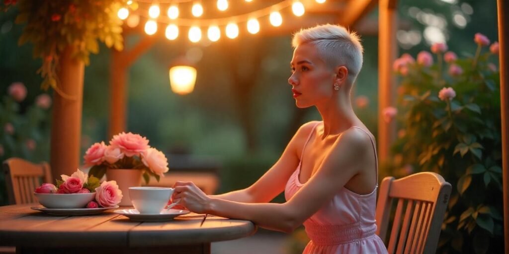 Close-up of a woman with a platinum blonde buzz cut wearing a light pink dress in a romantic, dreamy setting.