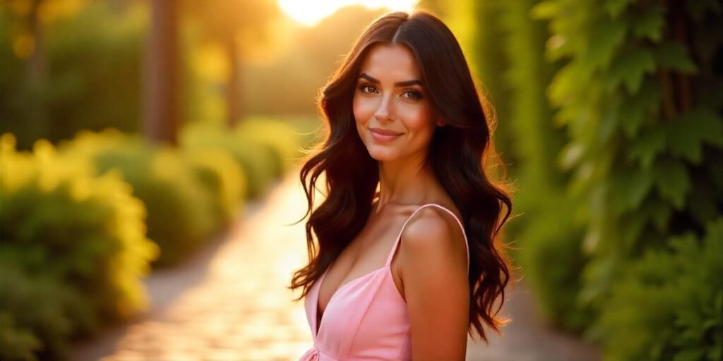 Close-up of a woman with dark, waist-length glossy waves and a pastel pink dress, standing on a romantic cobblestone path.