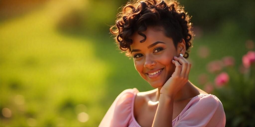 Woman wearing a pastel dress sitting in a garden with natural curly pixie hairstyle, golden hour lighting highlights her curls.