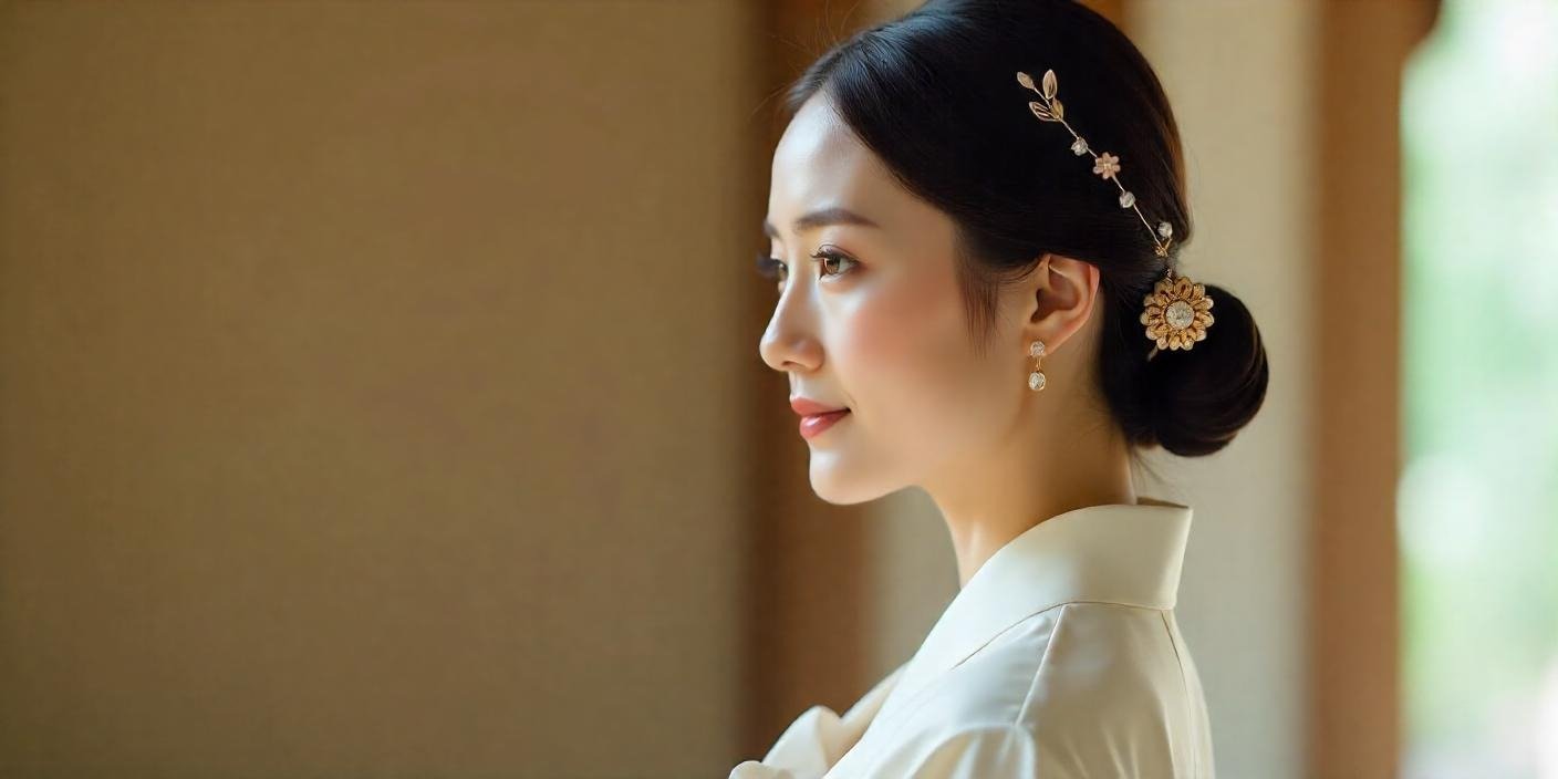 Korean Wedding with sleek updo binyeo hairpin and jokduri headdress blending traditional and modern bridal hairstyles.