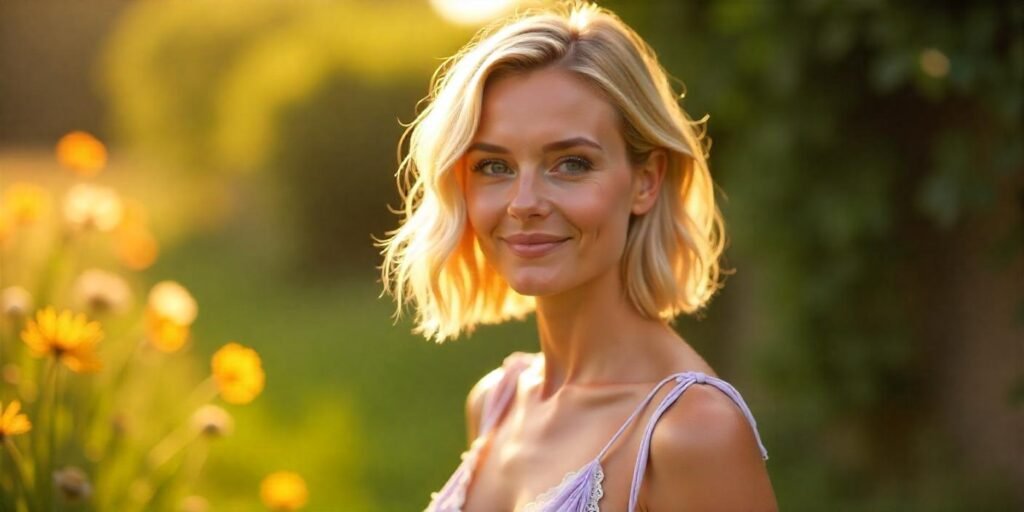 Woman with textured blonde bob hairstyle in cottagecore style dress, serene garden background
