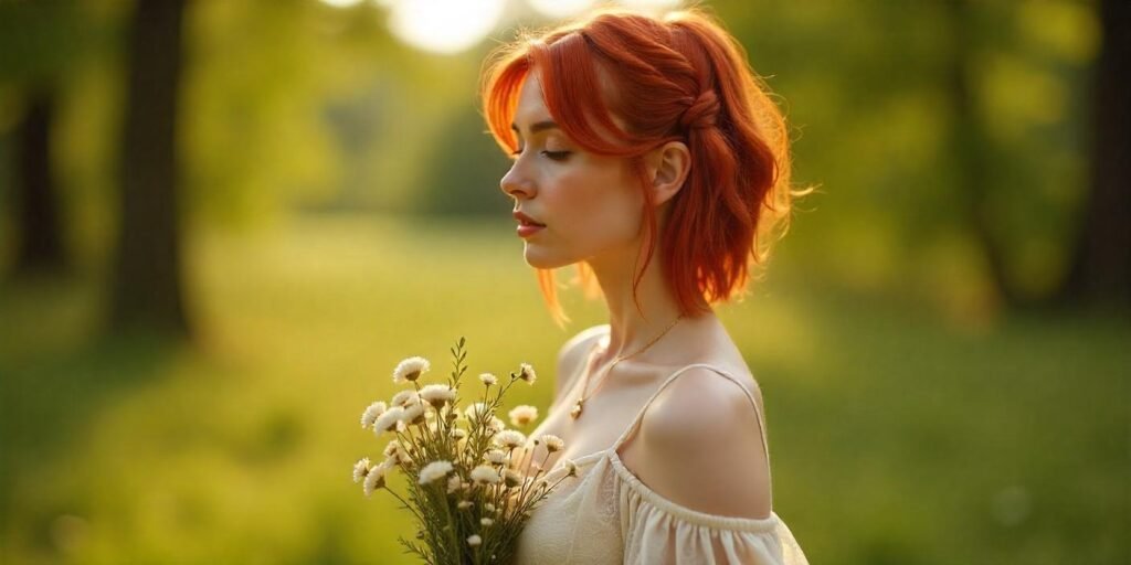 Bold deep red A-line haircut with red streaks, cream lace dress, holding wildflowers in a dreamy cottagecore setting.