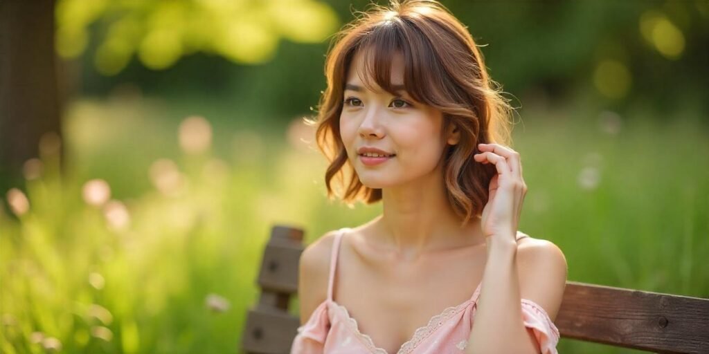 Rocker A-line hairstyle with side bangs, multi-length layers, and a cottagecore garden background.