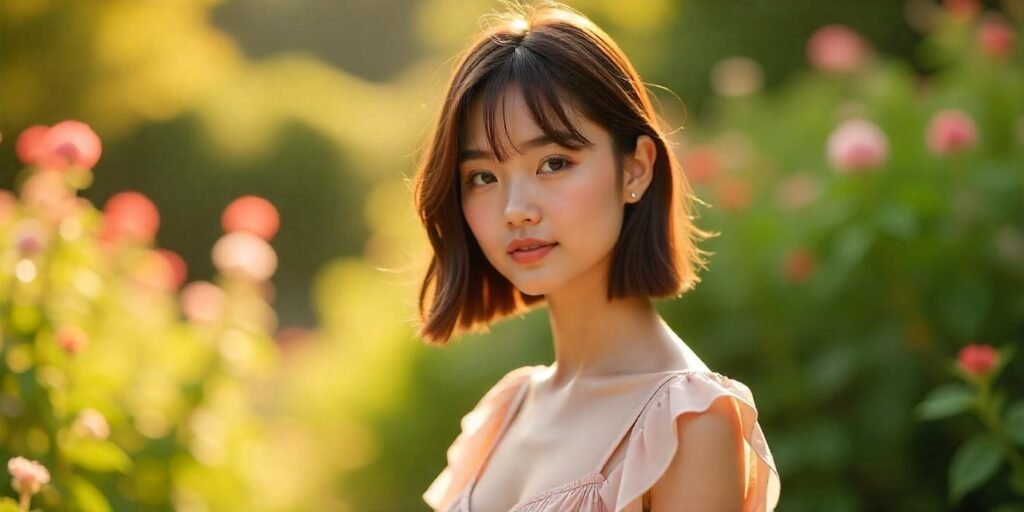 Blunt glossy poker straight lob hairstyle with slight off-center part, wearing a pastel cottagecore vintage dress in a romantic garden.