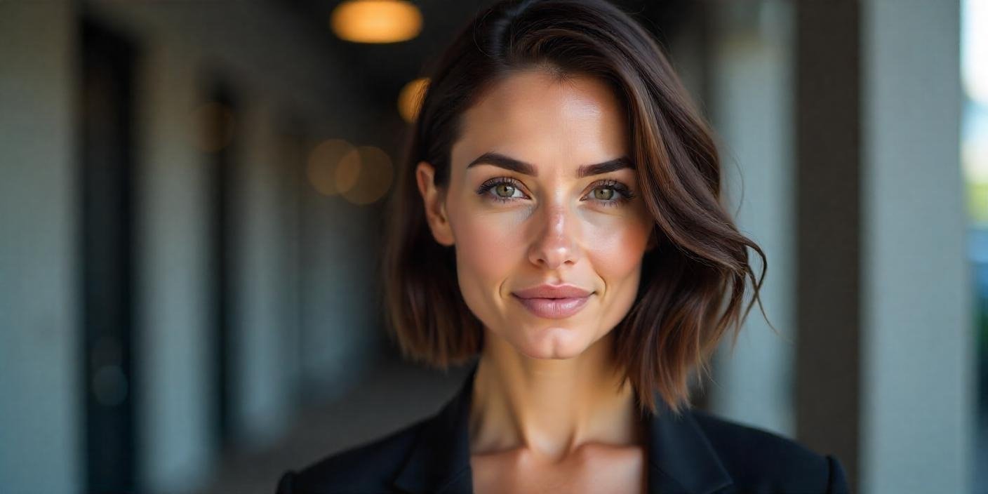 Woman with a sleek A-line bob showcasing sharp angles and a polished, refined hairstyle.