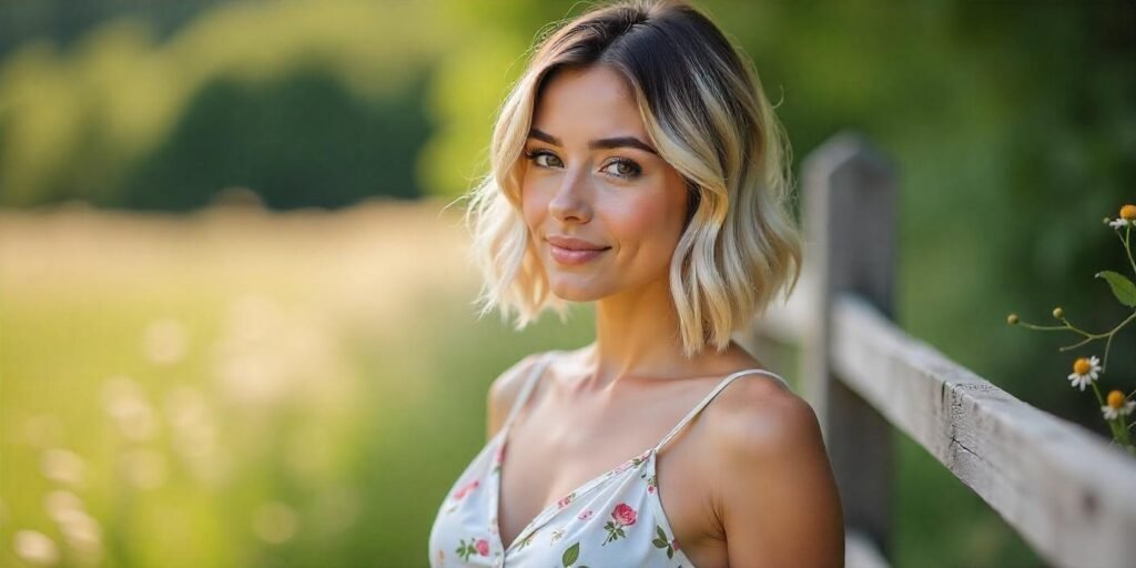 A young woman with an A-line bob haircut featuring dark roots and light blonde highlights in a romantic cottagecore setting.