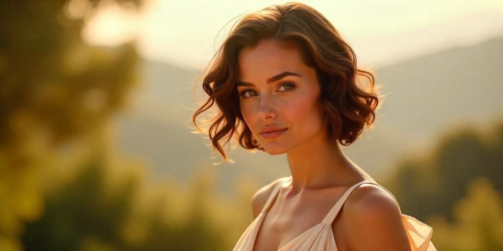 Woman with curly A-line bob hairstyle, soft beige dress, and romantic outdoor background