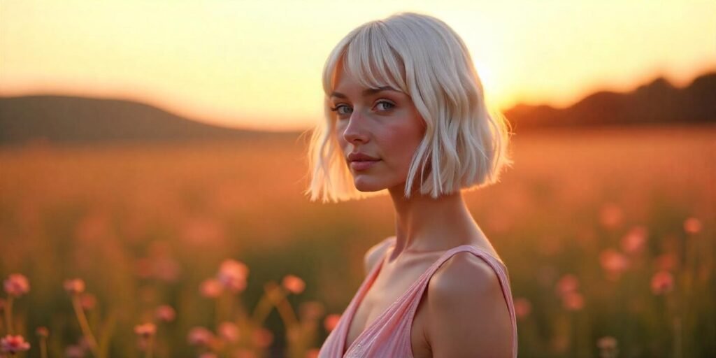 Woman with icy platinum A-line bob hairstyle wearing a pastel pink dress in a romantic, nature-filled setting.