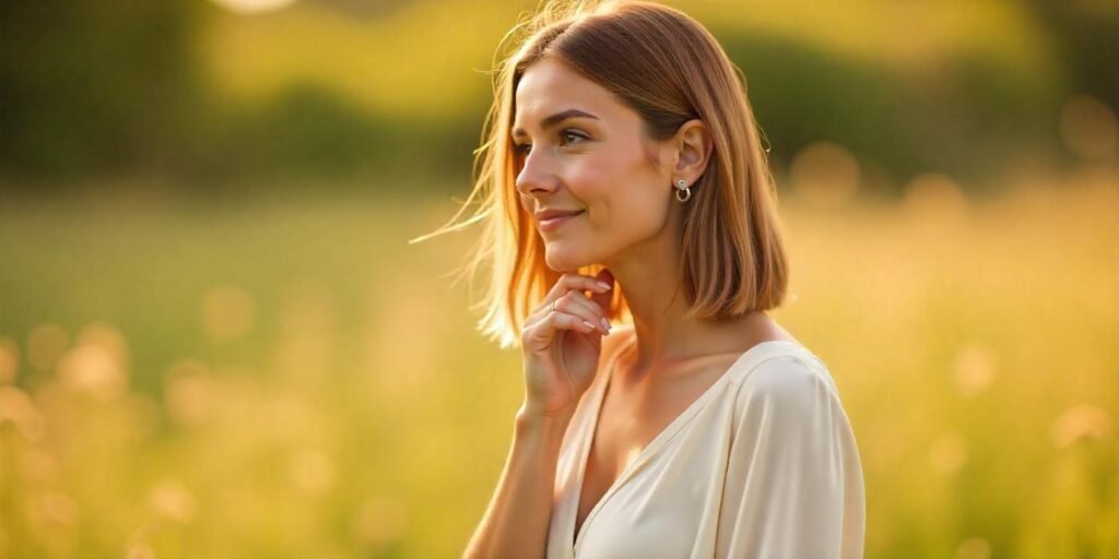 Low-maintenance A-line lob hairstyle with shiny hair in a romantic cottagecore outdoor setting.
