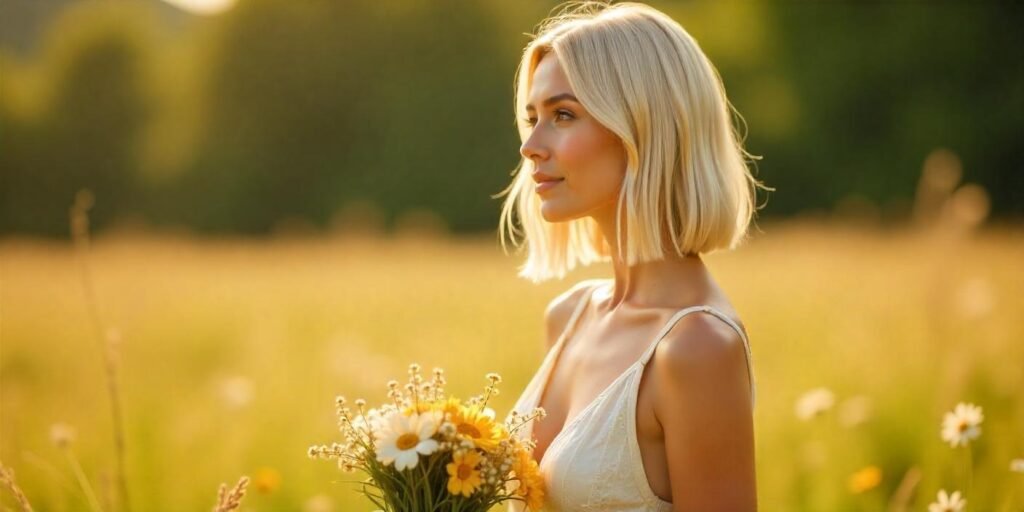 Woman with butter blonde jaw-grazing A-line bob in romantic cottagecore setting.
