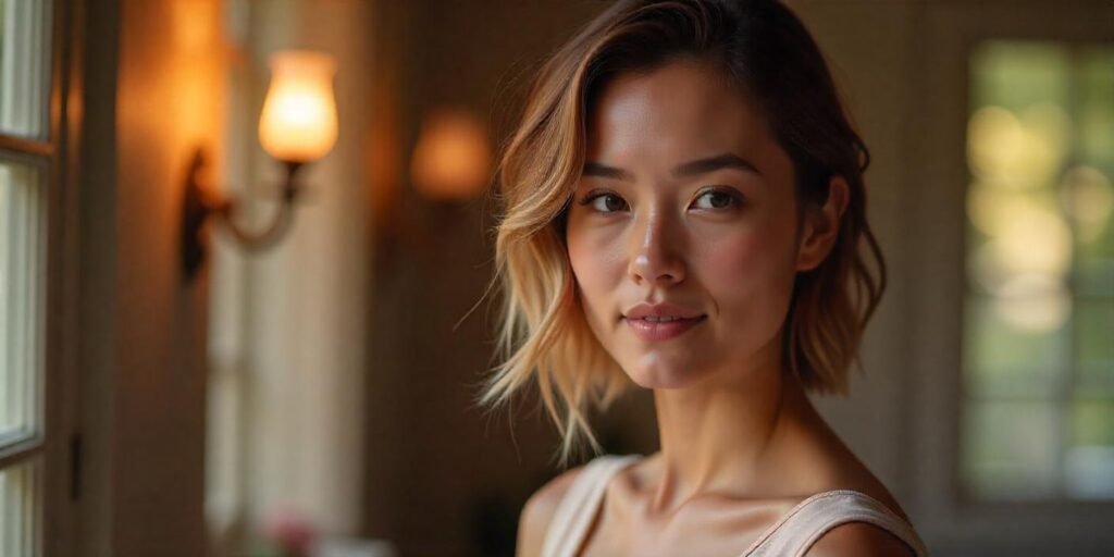 Elegant mid cut with swoopy layers for frizz-free, manageable hair, styled with a large round brush