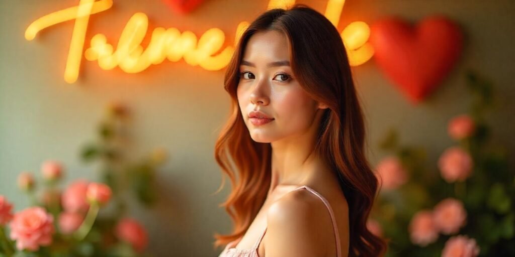 Hazelnut brown mid-length hair with soft waves, wearing a pastel dress in a romantic setting.