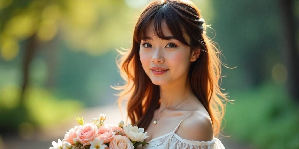 Long shag haircut with bangs on a woman in a romantic white dress, soft natural background, realistic neck and hair texture.