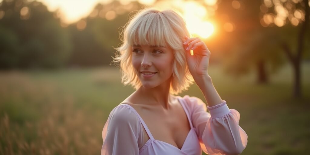 Short blonde shag haircut with blunt layers and textured finish, wearing soft pastel dress in romantic setting.