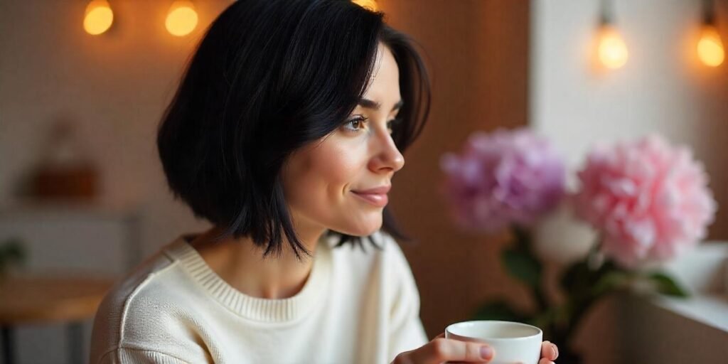 Realistic image of a woman with a sliced black bob haircut and silver highlights, in a romantic, cozy setting
