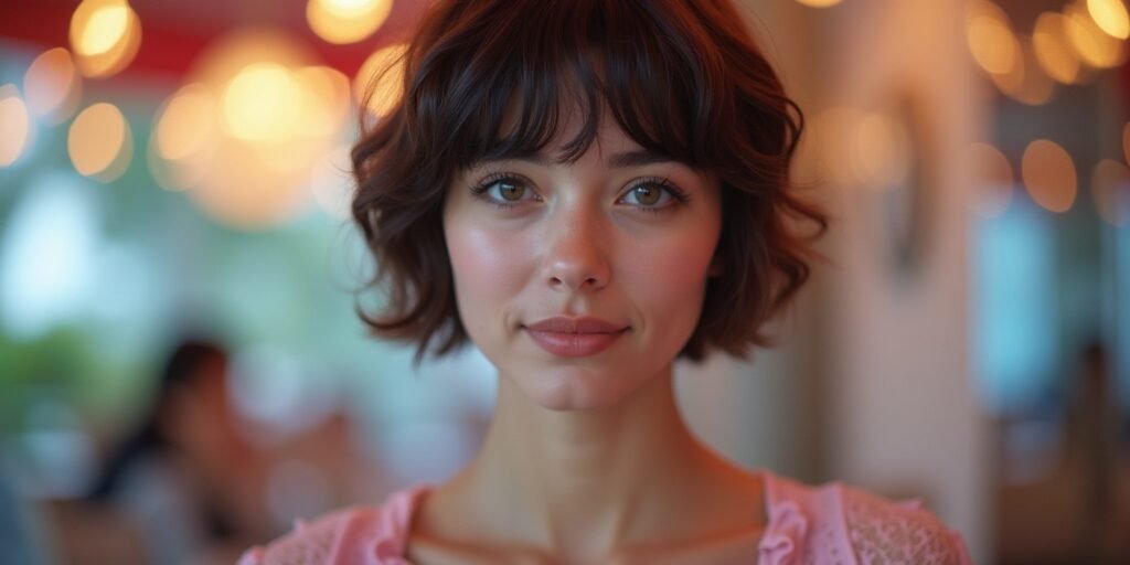 Woman with a pixie haircut featuring long layers, dark base, and lighter accents in a romantic, soft pink dress.