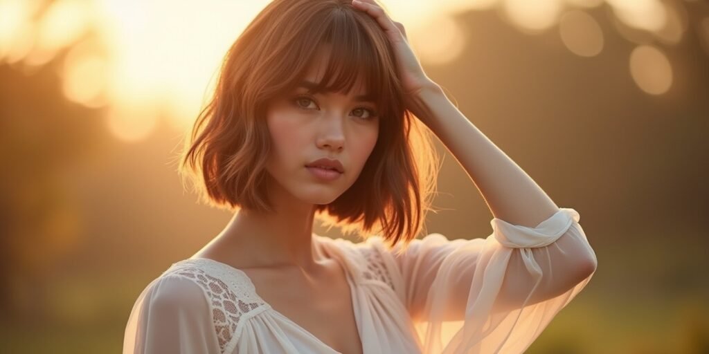 Long bob with full bangs, relaxed and layered, styled in natural brown hair with soft, romantic background.