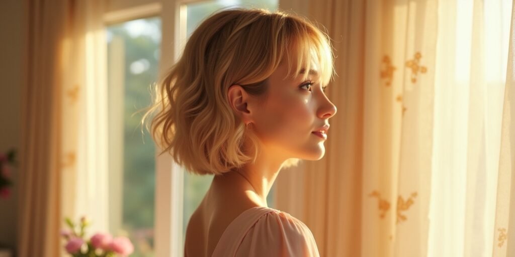 Angled bob with 3D layers on coarse hair in a romantic setting, styled for easy manageability.
