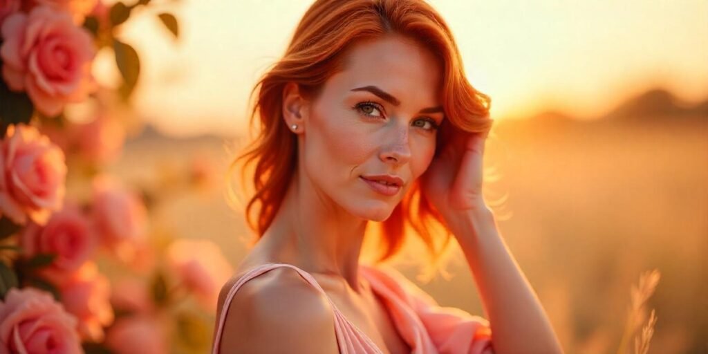 "Realistic woman aged 50+ with cinnamon red hair, wearing a pastel dress, in a romantic setting. Her hair showcases light waves and natural shine, enhancing peach skin undertones."