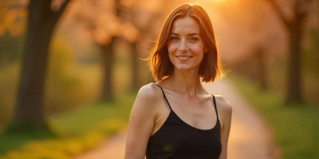 A woman with a sleek, straight, steeply angled A-line bob hairstyle in a romantic outdoor setting.