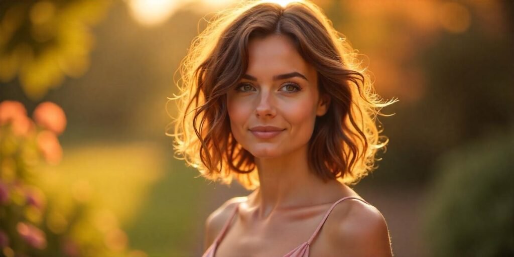 Woman with disconnected messy curled lob hairstyle in romantic outdoor setting.
