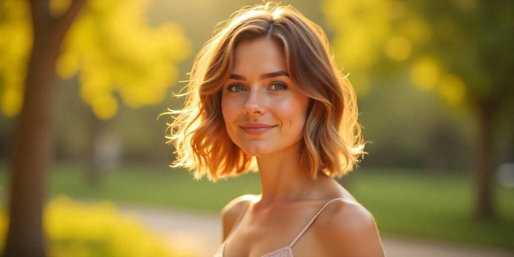 Realistic image of a woman with angled bob for thick hair styled in loose waves, wearing a soft pastel dress in a romantic garden setting.
