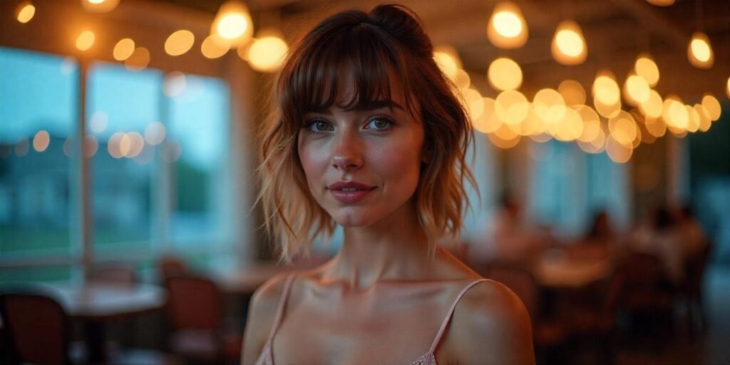 Shag hairstyle with thinned ends and peek-a-boo bangs, wearing a blush pink dress in a romantic environment.
