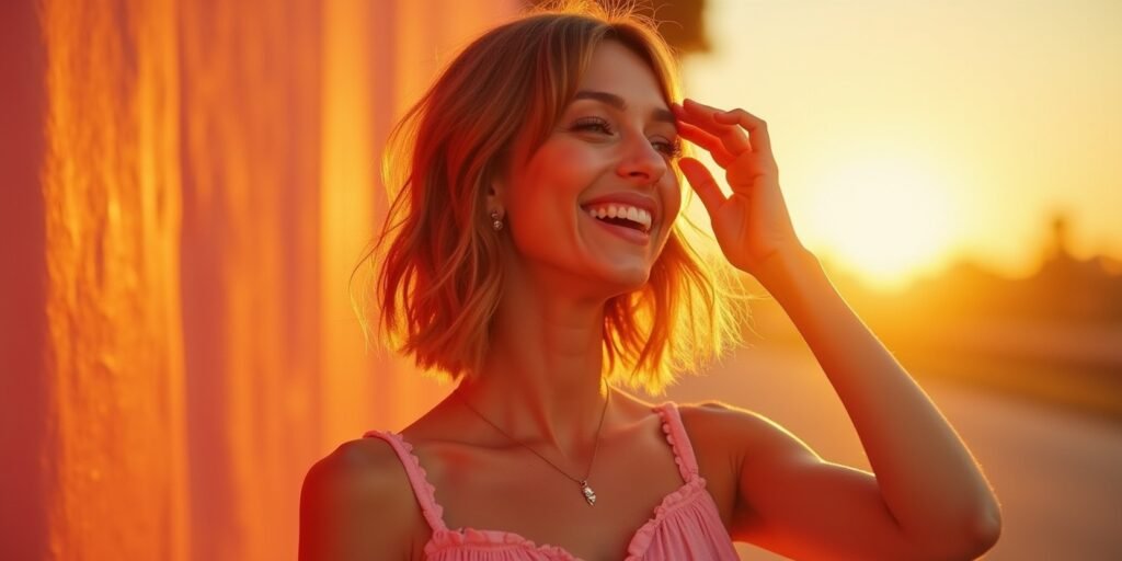 Layered lob haircut in soft waves, worn with a light pink dress in a romantic, sunset-lit setting.