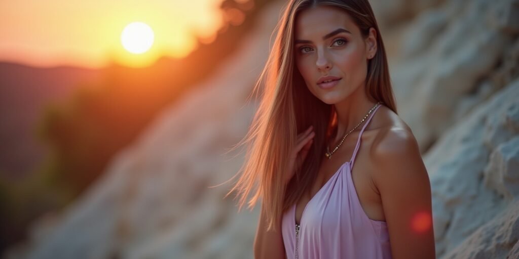 Woman with sleek, layered hair and straight-across ends in soft pastel dress, set in romantic outdoor background.