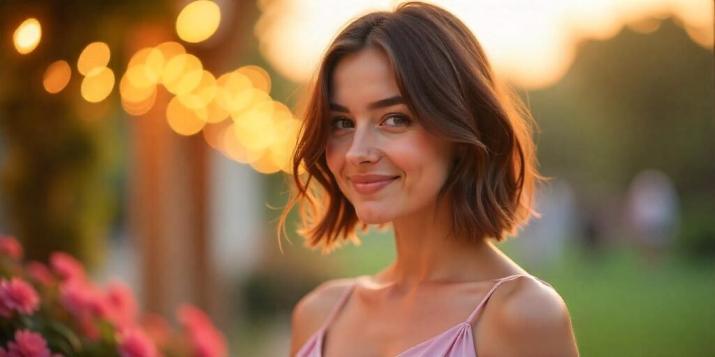 Romantic image of a woman with a shoulder-length bob haircut in a light pastel dress, perfect for summer.