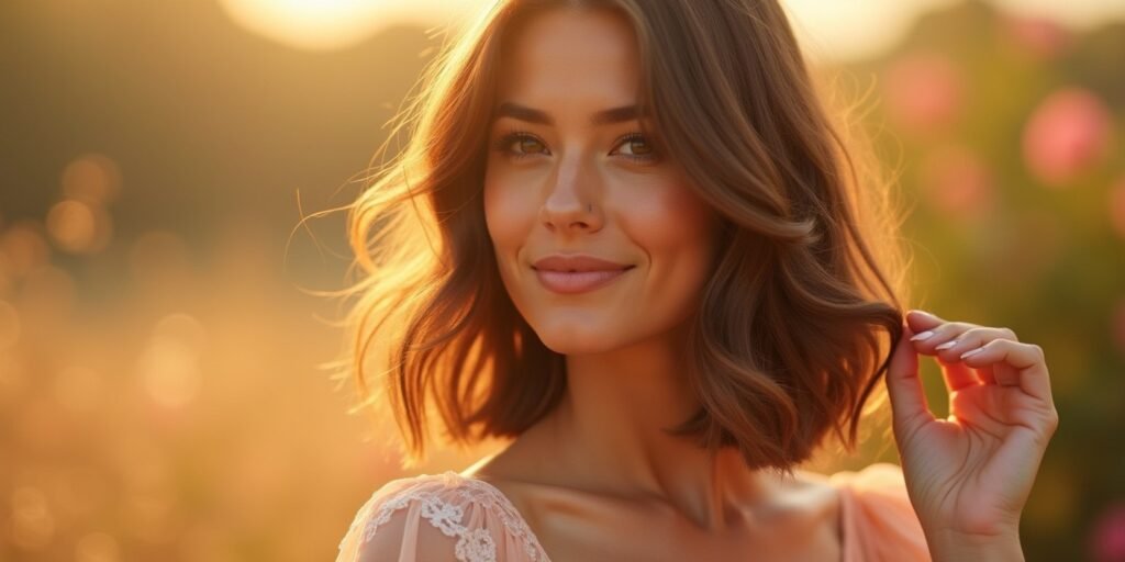 Thick long bob with waves, deep brown hair, pastel dress, romantic outdoor setting.